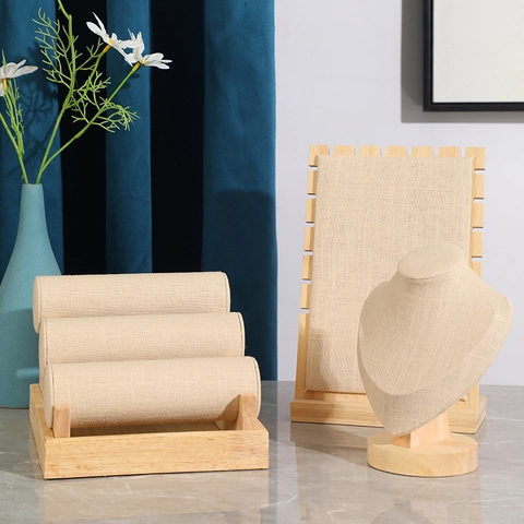 Jewelry Display Stand Bamboo Wood Base Linen Burlap Necklace Holder Ring Organizer Bracelet Rack Portrait Bust Showcase