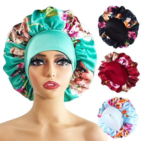 Women Satin Sleep Bonnet Wide Elastic Band Hair Care Night Cap Floral Star Print Breathable Head Cover
