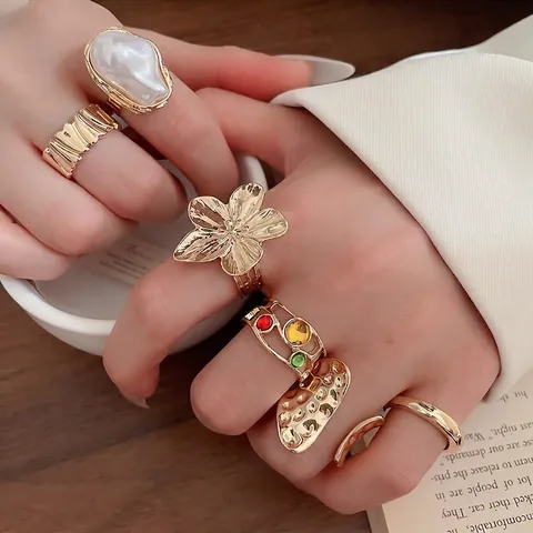 Alloy Rings With Baroque Imitation Artificial Pearl Flower And Colorful Stones Vintage French Style Jewelry For Women