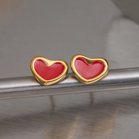 Heart Stud Earrings 304 Stainless Steel Enamel Gold Plated Waterproof Hypoallergenic Sweet Trendy Jewelry For Women