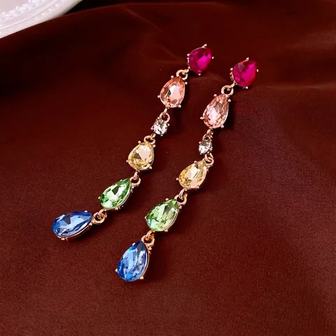 Bunte Strass Wasser Tropfen Lange Quasten Ohrringe Mit Silbernem Ohrstecker Französischen Palast Stil Mode Legierung Schmuck Damen