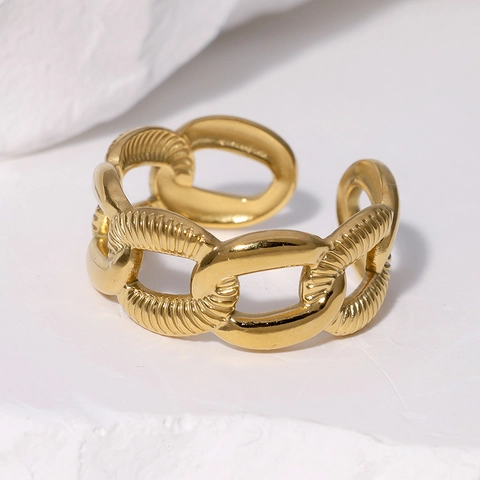 Copper Chain Link Ring Gold Plated Textured Pattern Adjustable Open Ring Minimalist Industrial Streetwear Niche Design