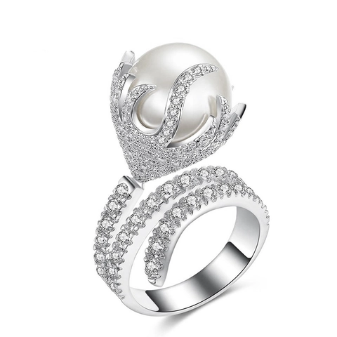 Artificial Pearl Ring Copper Micro Inlaid Zirconia Elegant Luxury Palace Style Jewelry For Women Banquet Accessories