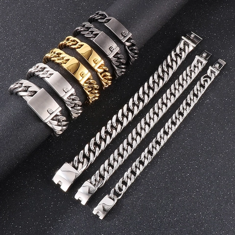 Pulsera De Cadena Cubana Para Hombre Acero Inoxidable 316L Chapado Al Vacío Pulido Cadena Pesada Joyería Hip Hop