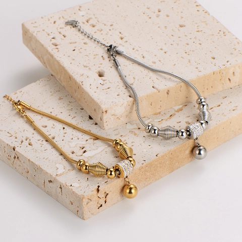 Pulsera De Cadena De Serpiente De Acero Inoxidable 304 Con Cuentas Redondas Dije Cristales Joyería Diaria Para Mujeres