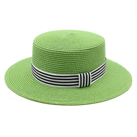 Woven Straw Boater Hat Flat Top Wide Brim Striped Ribbon Summer Beach Sun Protection Vacation Travel Outdoor For Women