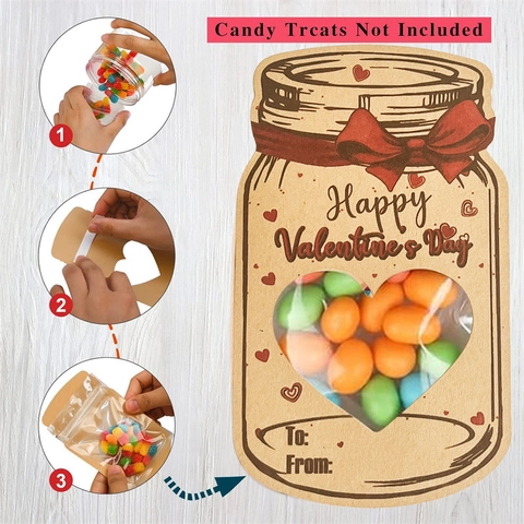 Tarjetas De Felicitación De San Valentín Tarros De Albañil Papel Kraft Ventana De Corazón Bolsas De Dulces Transparentes Regalo Fiesta