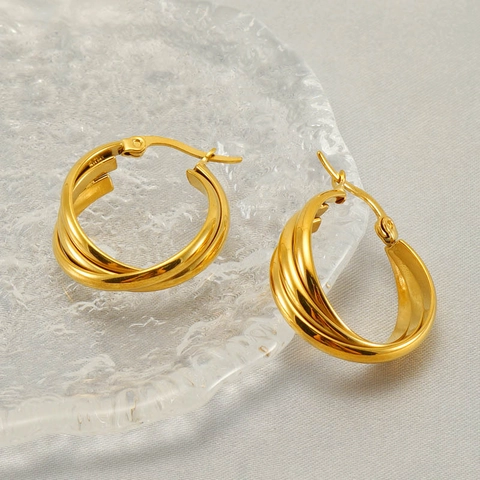 Pendientes De Aro Retro Franceses Con Capas Entrelazadas De Acero Inoxidable Chapado En Oro De 18 Quilates Para Mujer
