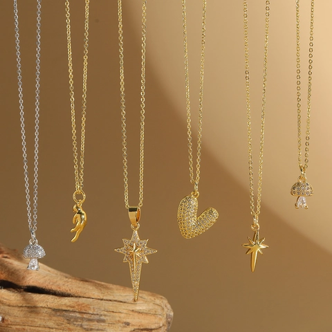 Trendy Radiant Star Pendant Necklace For Women Copper Zirconia Mushroom Heart Hand Shape Dainty Clavicle Chain Jewelry