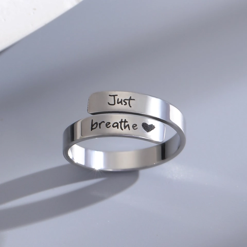Minimalist Just Breathe Stainless Steel Open Wrap Ring Heart Pattern Printed Adjustable Fashion Jewelry For Women Men Gift