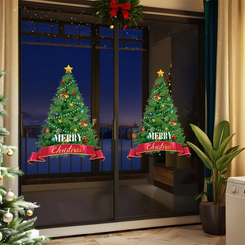 Christmas Tree Window Sticker Static Cling PVC Double Sided Glass Decal Merry Christmas Holiday Decor Home Shop
