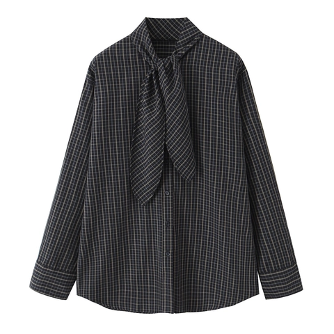 Blusa A Quadri Da Donna A Maniche Lunghe Collo Con Fiocco Casual Abbottonata Camicia Elegante Top Per Ufficio