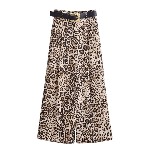 Women High Waisted Wide Leg Pants With Belt Satin Luster Leopard Print Elegant Casual Long Trousers