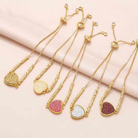 Heart Druzy Stone Bracelet Women Gold Plated Copper Adjustable Sliding Buckle Box Chain Fashion Jewelry