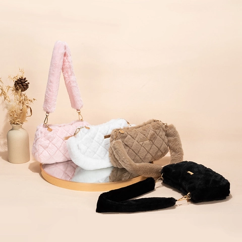 Plüsch Schultertasche Damen Kunstfell Gesteppt Rautenmuster Achseltasche Schick Herbst Winter Handtasche