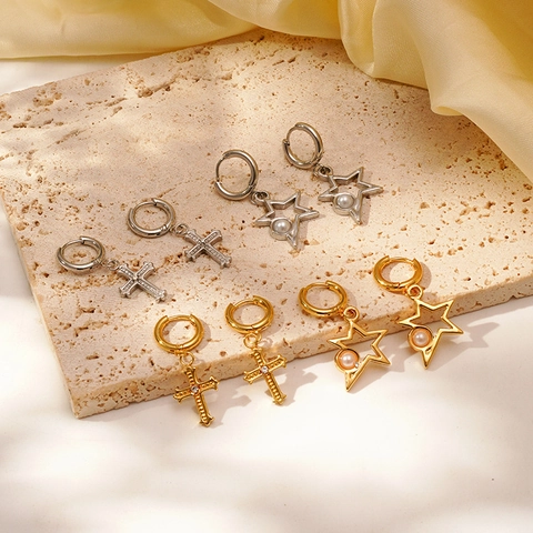 Cross And Star Pendant Hoop Earrings Stainless Steel 18K Gold Plated Zircon Faux Artificial Pearl Trendy Vintage Jewelry For Women
