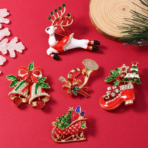 Broches de Noël pour Femmes Hommes Renne Père Noël Traîneau Bottes Émail Strass Bijoux Festifs Accessoire