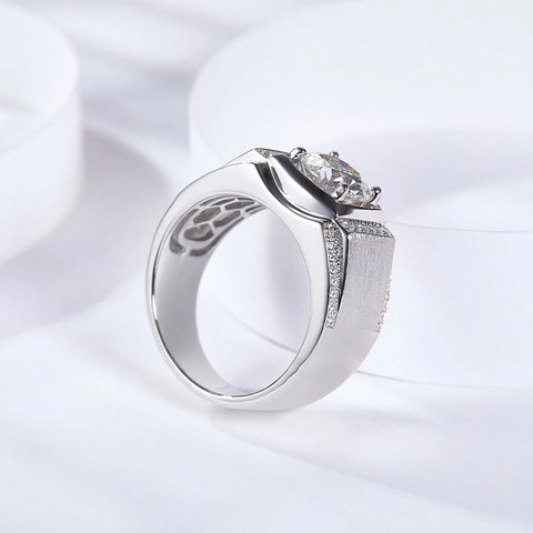Men's Signet Ring 925 Sterling Silver Moissanite Round Brilliant Cut White Gold Plated Brushed Pave Zircon Jewelry