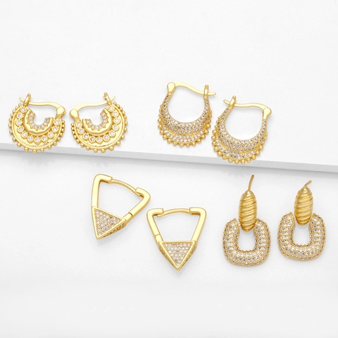 Geometric Stud Earrings 18K Gold Plated Copper Full Zircon Inlaid Triangle U-Shape Huggie Fashion Jewelry For Women