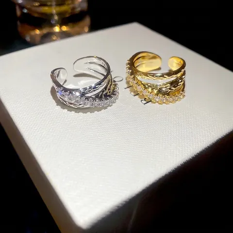 Anello Aperto Incrociato Multistrato Geometrico Rame Zirconia Micro Intarsiato Gioielli Eleganti Moda Per Donne