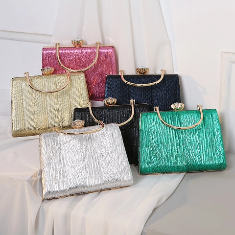 Evening Clutch Bag Pleated Metallic Handbag Gold Metal Handle Rhinestone Lock Elegant Party Purse For Women