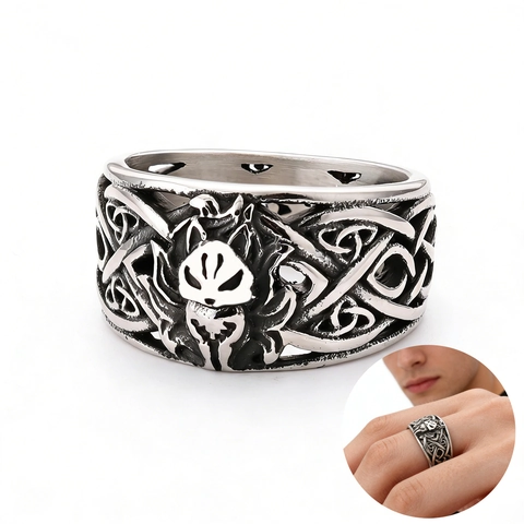 Vintage Viking Wolf Fox Head Stainless Steel Ring For Men Punk Celtic Knot Hollow Band Nordic Totem Enamel Jewelry Gift