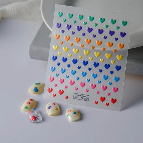 5D Embossed Nail Art Stickers Rainbow Colorful Heart Design Self Adhesive Korean Style Manicure Decoration For Women Girls
