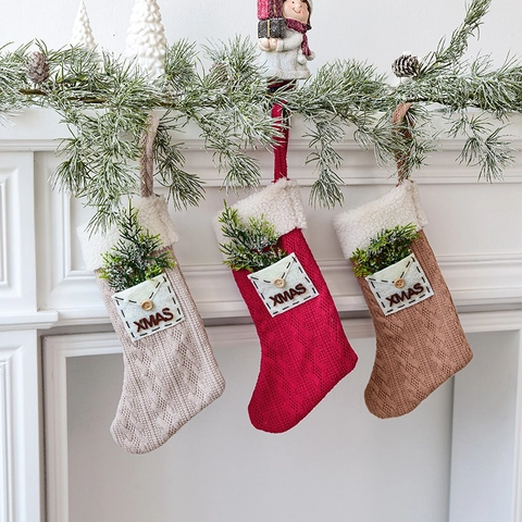 Calcetines De Navidad Adornos Colgantes Tejido Fieltro Felpa Papá Noel Astas De Reno Decoración De Árbol Bolsas De Regalo