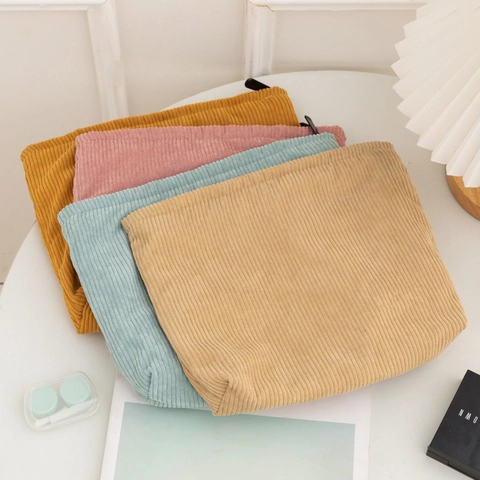 Large Capacity Corduroy Makeup Bag Solid Color Portable Cosmetic Pouch For Women Travel Toiletry Storage Zip Bag