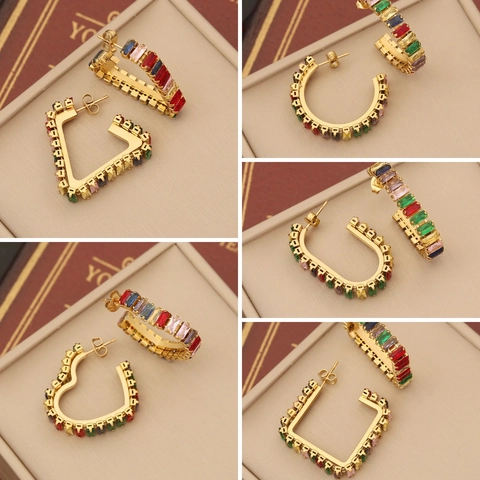 Colorful Zirconia Stainless Steel Earrings C-Shape Heart Geometric Rainbow Studs Fashion Jewelry For Women
