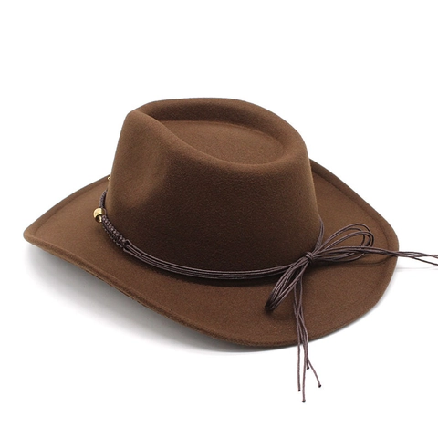 Western Cowboy Hat Wide Brim Cotton Polyester Felt Fedora With Woven Band Metal Beads Ethnic Retro Unisex
