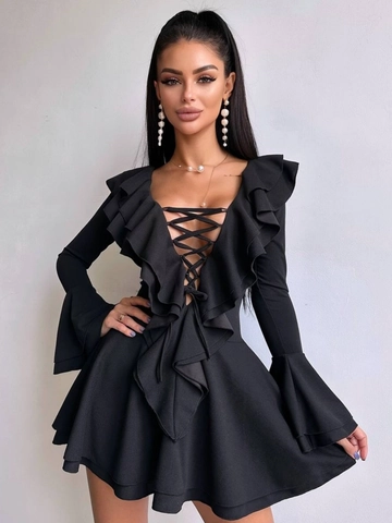Vestito Corto Scollo A V Stringato Con Volant In Poliestere Spandex Maniche A Campana Aderente Elegante Da Donna
