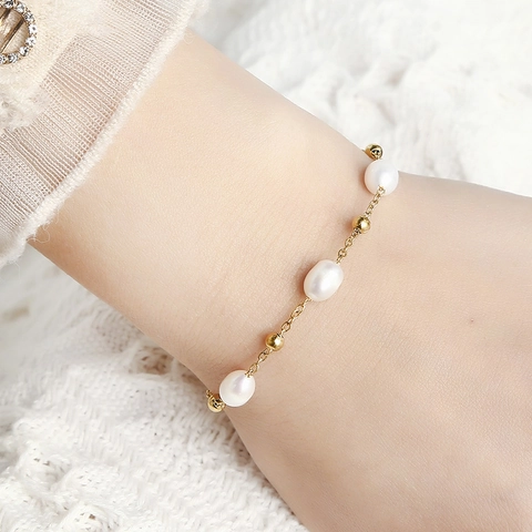 Stainless Steel Freshwater Pearl Bracelet For Women Waterproof Bead Chain Layered Minimalist Jewelry