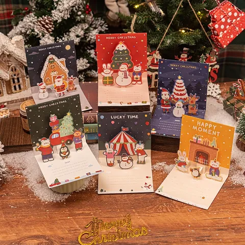 3D Pop Up Christmas Greeting Card Paper Cardstock With Envelope Sealing Sticker Cartoon Foldable Holiday Blessing For Kids