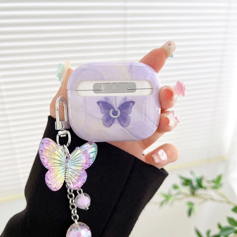 Custodia per Auricolari Wireless Viola con Motivo Marmoreo e Farfalla Per AirPods Pro 2 3 1 2 In Morbido TPU Con Ciondolo a Farfalla