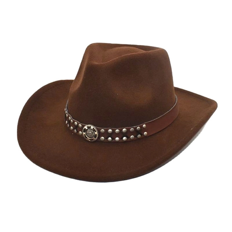Western Cowboy Fedora Hat Wide Brim Cotton Polyester Vintage Leather Belt Rivet Decor For Men Women