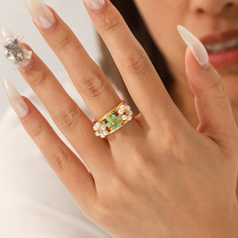 Floral Artificial Pearl Stainless Steel Ring Bohemian Vintage Adjustable Open Band Fashion Jewelry Gift For Women Girls