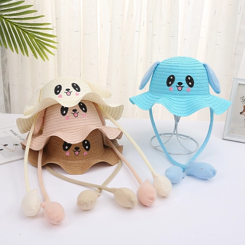 Sombrero De Paja Para Niños Con Orejas Móviles Lindo Animal Conejo Perro Novedad Airbag Verano Protección Solar Playa