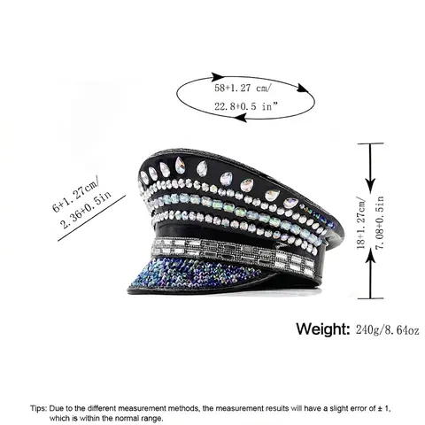 Gorra De Capitán Cuero PU Negro Pedrería De Colores Cristales Gorra Militar Brillante Para Fiesta Festival Carnaval Escenario