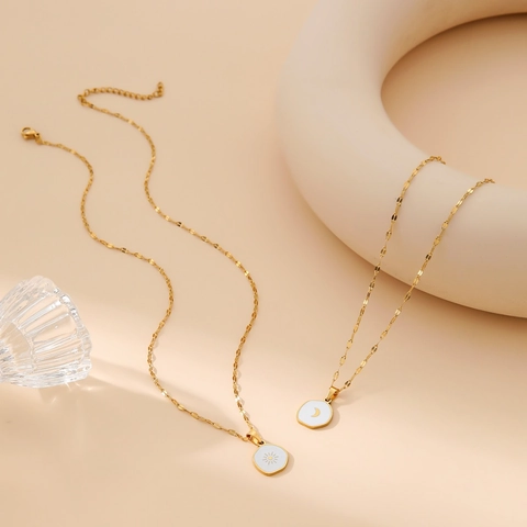 Stainless Steel Necklace With Sun Moon White Enamel Pendant Minimalist Gold Plated Jewelry For Women