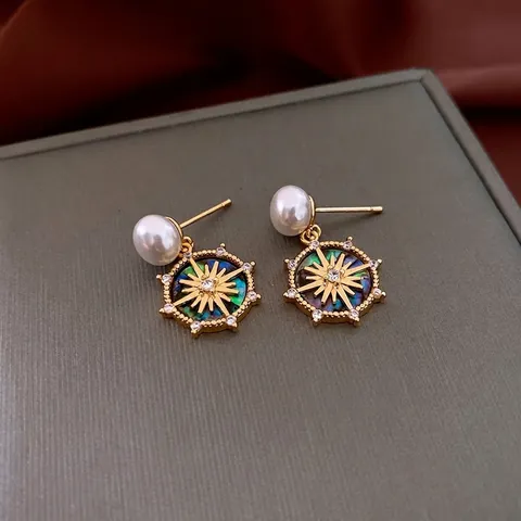 Vintage Sternen Künstliche Perle Hängerohrringe 18K Vergoldet Kupfer Mit Silbernem Ohrstecker Abalone Muschel Zirkon Für Damen