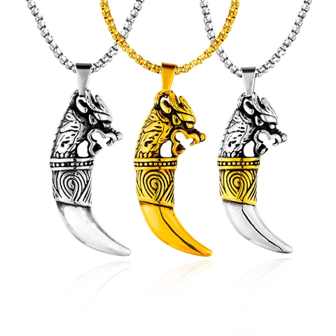 Collana Con Ciondolo A Dente Di Lupo In Acciaio Inossidabile Testa Di Drago Vintage Punk Hip Hop Stile Biker Gioielli Da Uomo