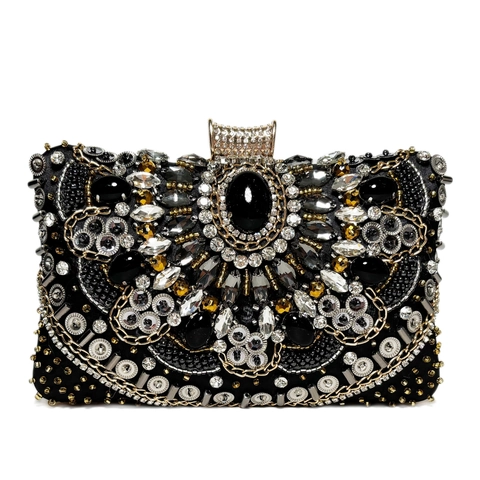 Luxury Evening Clutch Bag Rhinestone Beaded Satin Handbag Formal Wedding Party Elegant Retro Style For Women