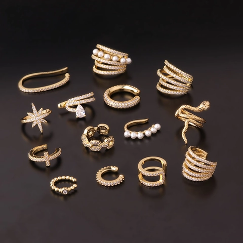 Fashion Ear Cuff Stud Earrings Micro Inlaid Zircon Faux Artificial Pearl Non Pierced Copper Jewelry For Women