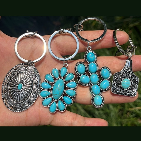 Portachiavi Turchese Lega Pelle Stile Western Boho Ciondolo Borsa Cactus Girasole Argento Vintage