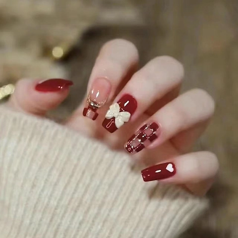 Press On Nails Short Ballet Shape Red White Checkerboard 3D Bow Heart Design Sweet Fashionable Elegant Manicure