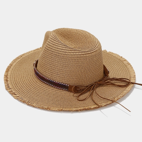 Bohemian Straw Fedora Hat Wide Frayed Edge Feather Leather Band Summer Beach Breathable Sun Protection For Women
