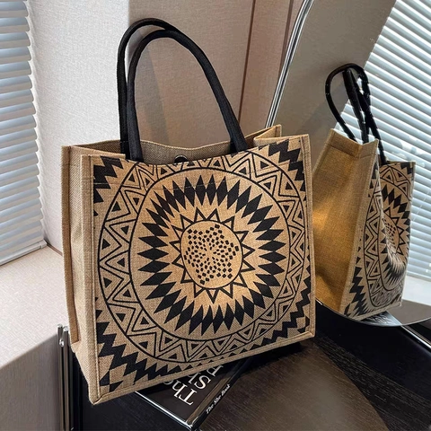 Large Capacity Jute Tote Bag For Women Ethnic Mandala Elephant Printed Cotton Linen Handbag Casual Shopping Shoulder Bag