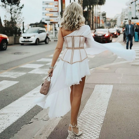 Abito Chiffon Asimmetrico Monospalla Con Vita Corsetto E Manica A Campana Elegante Sexy Abito Da Sera Festa