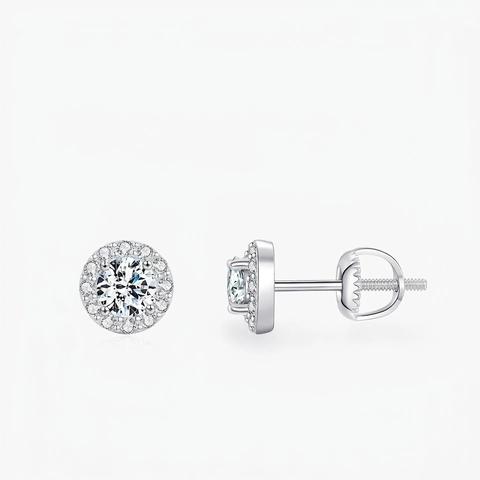 Orecchini A Lobo Halo Moissanite Colore D VVS1 Taglio Rotondo Con Perno In Argento Sterling 925 Chiusura A Vite Per Donna